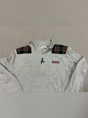 Vineyard Vines Light Gray Quarter-Zip Sweater with Green & Red Tartan womens med